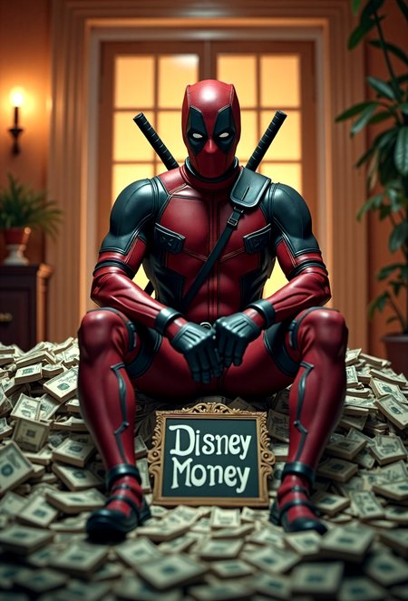 Award winning photography, Comic book character Deadpool, sitting on an enormous pile of cash in a mansion,sign in front reads "Disney Money", 35mm photograph, film, bokeh, professional, 4k, highly detailed  . embedding:EZRealPONYXL,