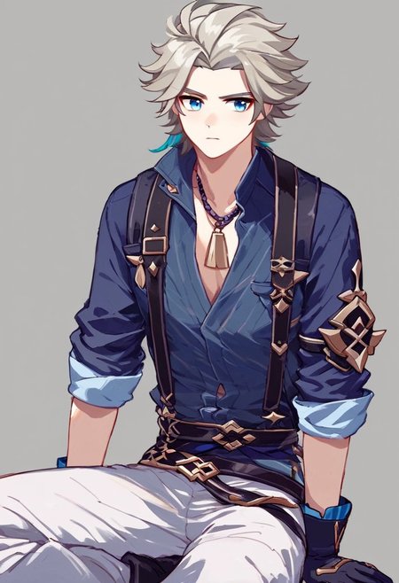 Score_9, score_8_up, score_7_up, Genshin Impact Style, source_anime, fishing dock, 1man, solo, 
Older man, platinum blonde hair, purple cloth on forehead, short hair, blue eyes, serious, collared indigo shirt, chest pockets, lavender jacket, black leather belt, indigo gloves, baggy work pants, fishing boots, net sack, braided necklace
