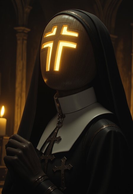 A close-up surreal portrait of a traditional Catholic nun, dressed in a black and white habit, standing solemnly in a dark, shadowy environment. Her body posture is perfectly still, her hands clasped in prayer before her, but her head is a hollow, featureless piece of carved wood, shaped into a smooth, rounded form without facial features. In the center of the wooden head, there is a prominent cross-shaped cutout, its edges smooth and precise, creating a clean geometric void where the face should be. From within the hollow head, a golden light glows softly, its rays streaming through the cross-shaped cutout, casting narrow beams of light into the darkness. The light is warm and ethereal, creating a holy, almost divine aura around her head, illuminating the inner wooden textures with a subtle golden glow as she looks slightly upwards and to the right. The rays of light extend outward in delicate, narrow lines, piercing through the darkness and illuminating tiny dust particles floating in the air, giving the scene a dreamlike, mystical atmosphere. The wooden head is smooth and polished, reflecting the golden light faintly along its curved surface. The cross-shaped cutout is the only break in the perfect wooden form, drawing the viewer’s focus to the emptiness within. The background is dark and minimalistic, with the faint outlines of ancient stone arches, reminiscent of a Gothic cathedral, barely visible in the shadows. The distant silhouettes of candles flicker dimly.