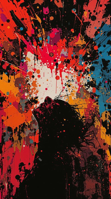 (view from below:1.4), dead stranding art, by Satoshi Kon, futuristic context backgrounds, dark colors, (dutch angle:0.2), neo abstract, explosive brush strokes, vibrant color splashes, gestural marks, emotional intensity, chaotic energy –style raw, silhouette female