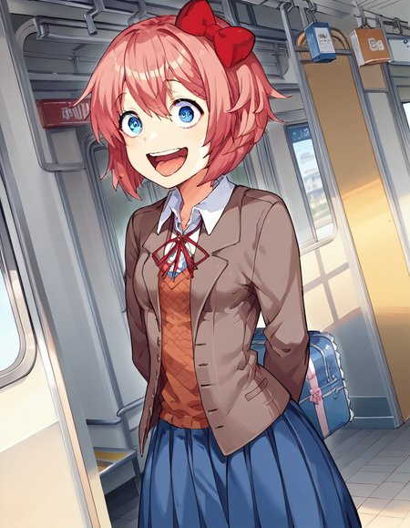 score_9, score_8_up, score_7_up, source_anime, <lora:ddlc-sayori-ingame-ponyxl-lora-nochekaiser:1>, sayori, blue eyes, hair between eyes, hair bow, hair ornament, pink hair, red bow, short hair,, blue skirt, pleated skirt, school uniform, skirt, brown jacket, jacket,, train station, waiting for train, suitcase, traveling, commute, city skyline, hands behind back, smile, <lora:enel-face-ponyxl-lora-nochekaiser:1> enel face, open mouth, wide-eyed, teeth, tongue,, looking at viewer, solo,, dutch angle, cowboy shot