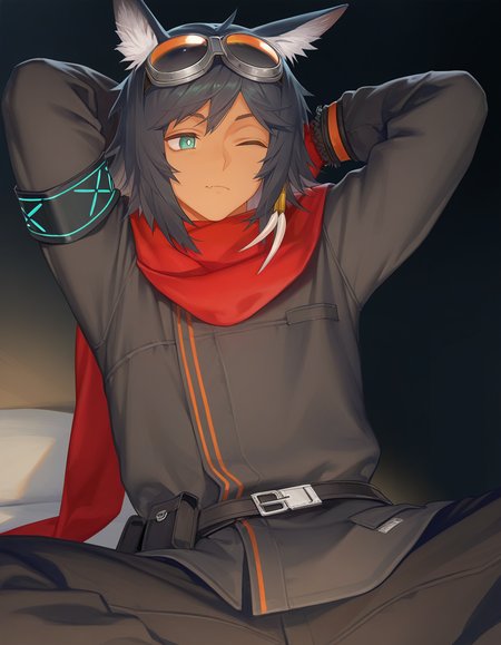 1boy, solo, courier \(arknights\), courierelit1, mature male, deer ears, animal ear fluff, medium hair, dark hair, aqua eyes, bright pupils, tooth hair ornament, tanned skin, skin fang, yyb, penguin frontier, (krenz, quuni, mebaru:0.8), nyalia, bedroom, stretching, hand up, arm up, arms behind head, one eye closed, looking down, looking away, pout, red scarf, fringe trim, goggles on head, orange goggles, welding goggles, red gloves, fingerless gloves, pocket, (long sleeves:1.3), no jacket, orange sleeve cuffs, single armband, (black track suit:1.3), crossed belt, utility belt, baggy pants, long pants, black pants, orange trim, perfect face, perfect eyes, masterpiece, best quality, newest, absurdres, highres, uncensored, <lora:nyalia:0.4>, <lora:DetailedEyes_xl_V2:1>, <lora:add-detail-xl:2>,  <lora:CourierArknights E1 2.0:0.8>,