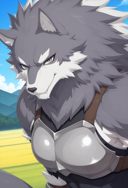 masterpiece,best quality,amazing quality, 1boy, solo, a1n, wolf boy, furry male, grey eyes, breastplate, black underbust armor, outdoors, close up, side angle, smirk,