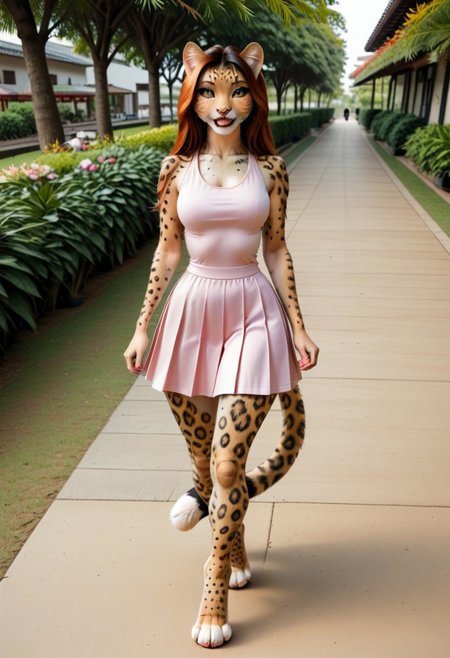A 35mm photo of a petite beautiful 40 year old redhead, she is an anthropomorphic  asian leopard cat,  asian leopard cat nose,  asian leopard cat teeth,  asian leopard cat face, green asian leopard cat eyes, freckles,  asian leopard cat fur all over her body, walking in a park, she is surrounded by pretty wildflowers,  asian leopard cat tail, petite round hips, soft flat tummy, soft curvy petite thighs,  petite c-cup breasts, wearing a pink tennis dress, she is a  asian leopard cat,  asian leopard cat tail, small pawlike hands, digitigrade  asian leopard cat feet, no shoes, brown asian leopard cat fur, tennis dress