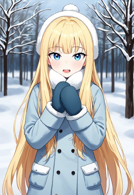 cocktiel77, digital illustration, charact portrait, depth of field, pastel coloring/(medium/), blonde hair, very long hair, blushing, face focus, buck teeth, looking at viewer, ushanka, mittens, winter coat