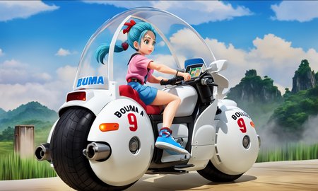 cartoon of woman riding large round motorcycle with a windshield,   best quality, highly detailed, bokeh, blue hair, cool sneakers,  <lora:cap9motosdxl:0.8>, beautiful landscape, cinematic lighting, photorealistic, cap9motosdxl, anime, bulma, vibrant colors,