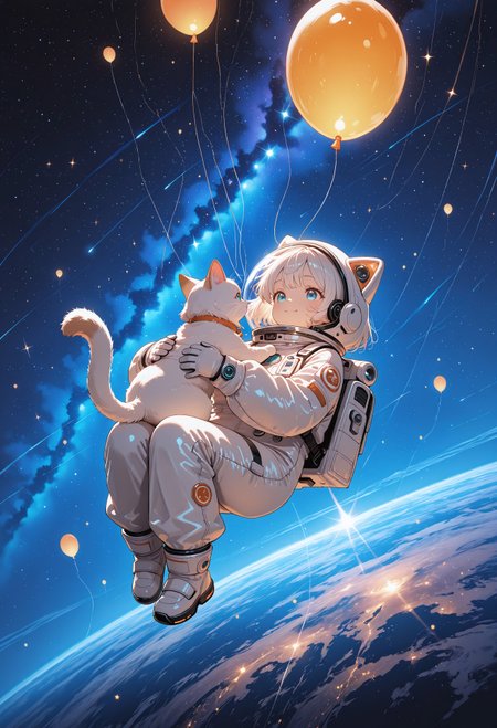 lazypos, refined detailed, high quality, highres, cinematic lighting, absurdres, 8k, detailed, highest definition, (masterpiece, best quality, ultra-detailed, full body, very aesthetic, fantasy art style, cute astronaut, child in spacesuit, space suit with cat ears, floating, smiling, short white hair, round face, childlike), (2 cats, white cat, fluffy cat, floating cat, adorable cats, interaction), moon balloon, glowing balloon, sparkles, dreamy expression, soft shading, soft colors, character design art, fantasy, artistic, beautiful lighting, delicate details, BREAK, outer space, stars, sparkling sky, planet below, magical atmosphere, cosmic scene, glowing stars, orbit rings, celestial objects, smooth gradients, dreamlike quality, ethereal atmosphere, atmospheric, absurdres, newest, beautiful composition, soft glow, midniji, vibrant colors, detailed character design, traditional media,  aosiai123_illu