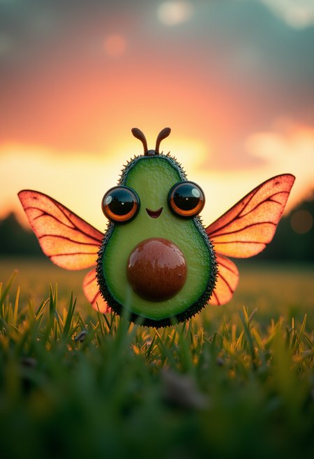 analog photo, Kodak Portra 400 vibe, macro close-up aerial view,  cute kawaii half avocado with core seed monster with moth wings with large googly eyes and sharp mouth, inspired by Chris Ryniak and Gemma Correll, flying on green fields happily in a cloudy sky, vibrant tones , cinematic hdr dramatic orange pink sunset lighting backlit vaporwave gloomy