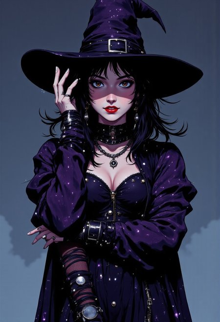 A hauntingly  woman stands shrouded in an elaborate witch's costume. Atop her head sits a classic triangular witch hat, tall and imposing with a wide brim that casts mysterious shadows across her face. The hat is midnight black with subtle purple shimmer woven into the fabric, adorned with a tarnished silver buckle and wispy dark feathers along its base.
A fitted bodice of deep violet velvet hugs her torso, laced tightly with black satin ribbons that criss-cross down her front. The sleeves billow dramatically from shoulder to wrist, where they taper to pointed cuffs embellished with intricate silver embroidery depicting arcane symbols. Her floor-length skirt flows in layers of tattered black silk and sheer mesh, revealing glimpses of striped stockings and knee-high boots with pointed toes and silver buckles. Around her shoulders drapes a frayed cape that appears to move with a life of its own, its edges dissolving into wisps of shadow. Her neck is adorned with multiple silver necklaces bearing strange pendants and crystals. Most striking is her face – undeniably beautiful with high cheekbones, porcelain skin, and mesmerizing eyes that seem to shift between emerald and violet. Yet her beauty is twisted by an unsettling smile that stretches too wide across her face, revealing perfect teeth in a grimace of sadistic pleasure. Her cold eyes only calculated malice and a predatory glint that suggests she's enjoying thoughts no sane person would entertain.anime