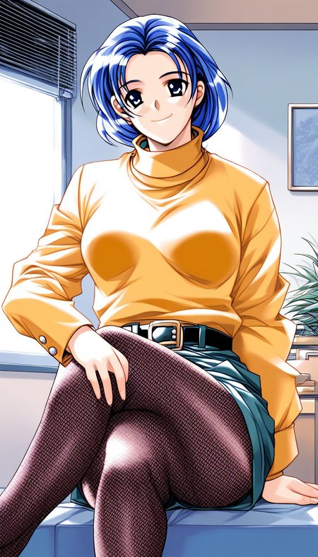 score_9, score_8_up, score_7_up, source_anime, rating_explicit, BREAK <lora:Nonomura_Misato_XL:1>Nonomura_Misato, blue hair, blue eyes, short hair, medium breastsã
1girl, solo, pantyhose, crossed legs, sitting, smile, skirt, belt, sweater, 
long sleeves, looking at viewer, fishnets, 1990s (style), fishnet pantyhose, shorts, indoors, turtleneck,