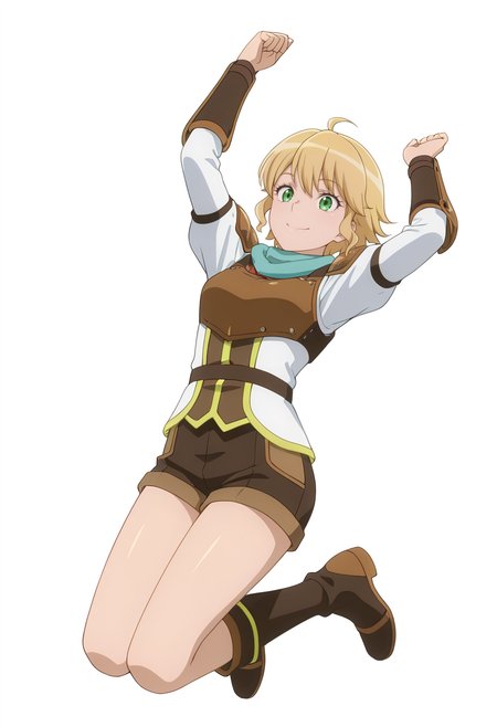 Smooth Quality,masterpiece,very intricate, high quality details, ultra realistic, high detailed skin,
simple background, white background,
dutch angle,0 0,akanbe,jumping, arms open, legs bent, smiling, midair,  ,
 <lora:Rembrandt_Yunocnn:0.8> rembrandtyuno/cnn, blonde hair, solo, green eyes,1girl,
armor, shorts,boots,