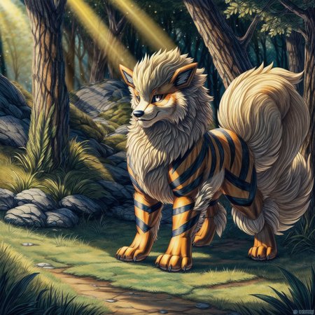 (((Arcanine, Pokmon, Animal,))), solo, single, Tiger, wolf, orange fur, fluffy,   <lora:Arcanine - Pokmon:1>
(masterpiece, sidelighting, finely detailed, beautiful),  <lora:add_detail:1> <lora:hairdetailer:0.2>
In forest, <lora:pokemon_v3_offset:0.3>