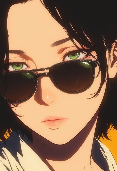 HDR, 8K, high contrast, masterpiece, best quality, amazing quality, very aesthetic, realistic, newest, volumetric lighting, (flat colors:2), ultra detailed, face focus, portrait, golden hour, 1girl, solo, lee jinchu, black hair, short hair, green eyes, , sunglasses, graffiti