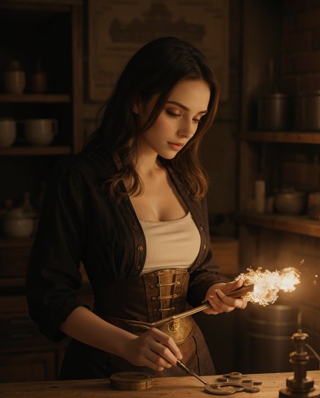 cleavage  epiCPhoto Style-EMCG Steampunk Inventor, cluttered workshop, steam-powered machinery, brass instruments, Victorian steampunk fashion, woman working on complex mechanical device, tools in hand, intricate clockwork, gears, cogs, dim lighting, vintage aesthetic, intricate details, mechanical contraptions, glowing gauges, smoke, oil stains (style of Keith Thompson:1.2)