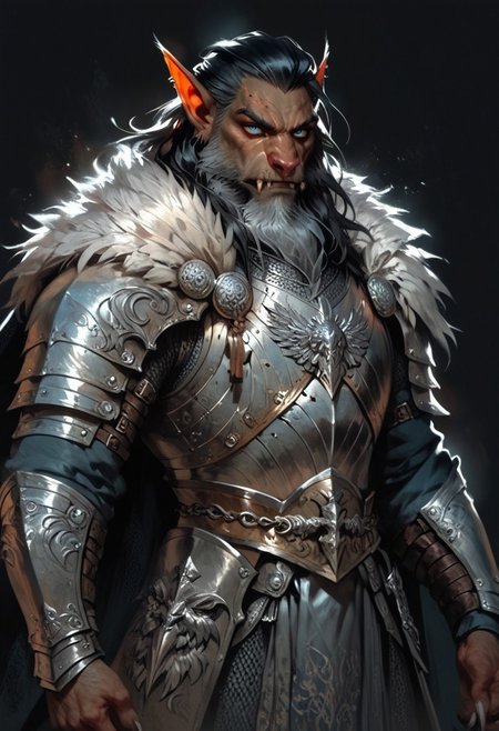 score_9, score_8_up, score_7_up, (anthropomorphic bat), Pipistrellus, (bat), (male bat), (vampire), (werebat), simple background, dark background, blue eyes, menacing look, silver outfit, dark skin, solo, hairy, long beard, dark heavy armour, silver medieval armour, silver chainmail, mythril armour, runic ornaments, fur cloak, standing up straight, calm face, black hair, closed mouth, cowboy shot