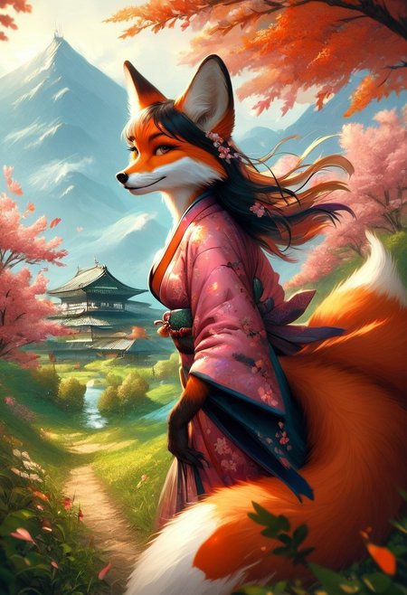 score_9_up,score_8_up,score_7_up,(masterpiece),(best quality),hyper detailed,perfect anatomy,anthro fox girl,foxfolk,dazzling,perfect face,
sexy,seductive,long hair,cleavage,black hair,print_kimono,furisode,orange furr,
wind_lift,dusk,outdoor,in spring,falling petals,cherry blossoms,looking_back,looking_at_viewer,dynamic_angle,photo realistic,