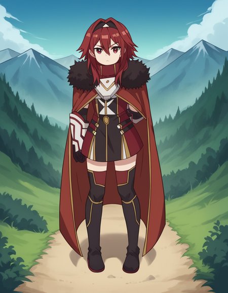 score_9, score_8_up, score_7_up, source_anime, <lora:bofuri-mii-s2-ponyxl-lora-nochekaiser:1>, mii, long hair, bangs, red eyes, hair between eyes, sidelocks, red hair, hairband, black hairband,, gloves, black gloves, cape, armor, fur trim, red cape,, mountain trail, hiking, nature, backpack, adventure, fresh air, , looking at viewer, knee forward, arm behind back, foot on tiptoe, solo,, cowboy shot, dutch angle