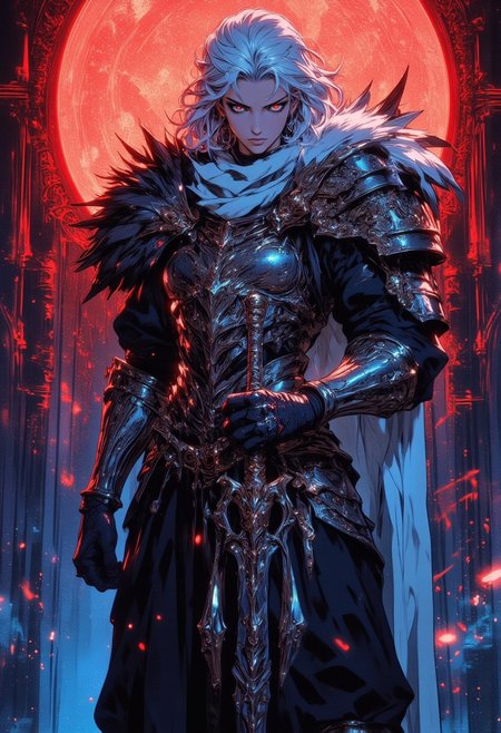 "An elegant, platinum white-haired female warrior with knee-length wavy hair and glowing clear red eyes. She wears a white medieval combat suit with black pants, paired with a black adventurer’s leather ensemble and shoulder armor. Her figure is athletic and toned, showcasing strong leg and arm muscles. She stands confidently, holding a fantasy melee weapon. Her detailed armor combines metal and fur, exuding nobility and strength, with intricate ornaments and a shoulder cape. The scene features cinematic lighting, with ultra-detailed skin and eyes that reflect both beauty and power." standing, full body,glowify,Full body View ,Better hand ,more_details:-1, more_details:0, more_details:0.5, more_details:1, more_details:1.5,  (add:more-detail:0.7)_(cinematic-lights:1.1)_(realistic lights and shadows:1)_(detailed light:0.9), <lora:more_details:0.5>, Full body VIew, looking at viewer, White Cloths, White Armor, high-waist skirt, high heel boots, White Skirt, Armor Skirt,White Pleated skirt, Dress design, masterpiece, vibrant colors , (Magic Circle Effect, Projecting an enchanting magic circle on the stage during magic rituals and sorcery scenes. This visually represents the source of magical energy), (Flame of Light Effect, Employed during scenes where Isis wields magic, , mechanical scales, bodysuit mechanical scales, transparent metal mesh mechanical, mesh mechanical with open abdomen, multi-layer scales, masterpiece, more_details:1.5,