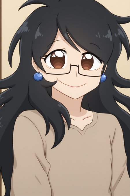 <lora:Yoontoons:1> yoontoons, 1girl, glasses, black hair, brown eyes, long hair, earrings, smile