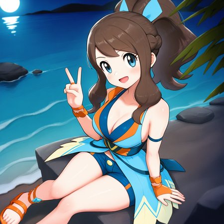 2d, masterpiece, best quality, amazing quality, highres, absurdres, newest, 1girl, solo, sitting, beach, night, from above, dutch angle, looking at viewer, medium breasts,  syghilda, blue eyes, brown hair, sidelocks, high ponytail, antenna hair, sleeveless dress, showgirl skirt, multicolored dress, beige dress, blue dress, v-neck, bridal gauntlets, bracelet, blue shorts, short shorts, sandals, orange footwear, block heels