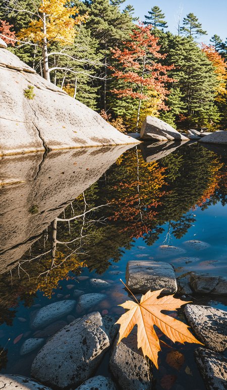 Killarney Provincial Park in Ontario in autumn, Canada, action shot, dynamic angle, pure energy, perfect composition, stunning, film grain, atmospheric, vibrant colors, reflections, shadowplay