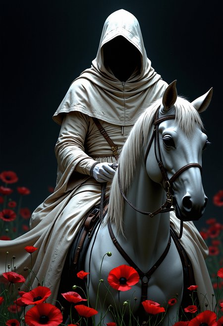 A mysterious figure cloaked in an off-white, hooded robe with a faceless, shadowed head, sitting motionless on a white horse. The figure's body is completely covered, with only the gloved hands visible, gently holding the reins. The horse is adorned with a simple bridle, its mane smooth and flowing. Surrounding the horse's legs are vivid red poppies in full bloom, their contrast stark against the dark, shadowy background. The atmosphere is eerie, somber, and almost otherworldly, with minimal light focusing on the central subjects, leaving the background in deep shadow.  <lora:FluxMythP0rtr4itStyle:0.8> MythP0rt, <lora:aidmaImageUpgrader-FLUX-V0.1:0.33> detailmaximizer,