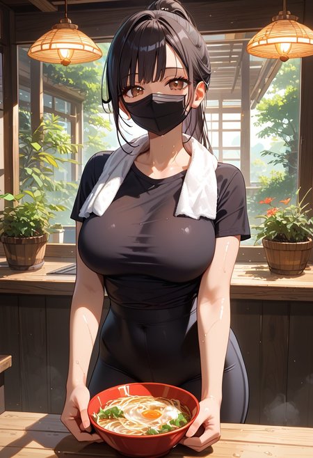 score_9, score_8_up, score_7_up, highest quality, extremely detailed, 4k, 8k, amazing quality, masterpiece, BREAK, 
Expressiveh, BREAK,
mature female, slim waist, shiny skin, sweaty, 1girl, 1girl, solo, black hair, ponytail, black mask, face mask, brown eyes, towel, towel around neck, black t-shirt, tight t-shirt, plain t-shirt, yoga pants, black yoga pants, plain yoga pants, sensational legs, pretty eyes shine, lightly oiled skin, large breasts, ambient daylight, bright natural ambient lighting, beautiful composition, bright background, holding ramen, holding bowl,
RamenMarketStall, cart