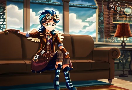 Indigo Zap as an inventor, score_9, score_9, score_8, score_9, score_9, score_9, score_9, solo, detailed, (teenage girl), (steampunk_costume: waistcoat, corsets, a shirt with winged collar, brooch, gloves, top hat, and goggles), (goggles on the head), Indigo Zap_(mlp), equestria girls, eqg, (cutie mark on clothes), g4, mansion setting, interior, living room, sitting, couch, steam lamps, television, windows, cityscape, clocktower, sky world, cloud, (blue sky with white clouds), steampunk architecture, Victorian Architecture, rugged tomboyish spiky hair, masculine facial features, curious face, curious pose, full-body shot, front view, natural lightings, digital painting, watercolor painting, g4, <lora:add_details>, <lora:add_scenery>, <indigo_zap:1>