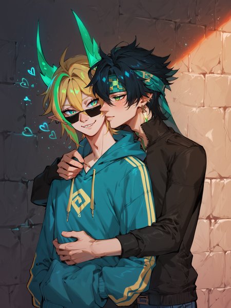 score_9, score_8_up, score_7_up,
 <lora:Passionate_Neck_Kissing_Lora:0.7> kiss_neck_lora 
((2boys)), reacharound hug, hug from behind, petite skinny boyish body, skinny, wearing cap, hoodie, 
kinich,black hair,hair between eyes,green eyes,jewelry,headband,green tattoo on neck,adoring gaze,
ajaw, KINICH, neon yellow hair, multicolored hair, green hair, HAIR BETWEEN EYES,cyan EYES, two dragon horns,green horns, devil horns,  pointy ears, smug, smirk, black sunglasses,sharp teeth, 
<lora:DealWithIt_XLPD:0.5> incrsxldealwithit
<lora:kinich:0.5>
 <lora:Aurealis_beta:0.5> bioluminescent, Aurealis, glowing,  
<lora:princess_xl_v2:0.5> 
<lora:incase-ilff-v3-4:0.4>