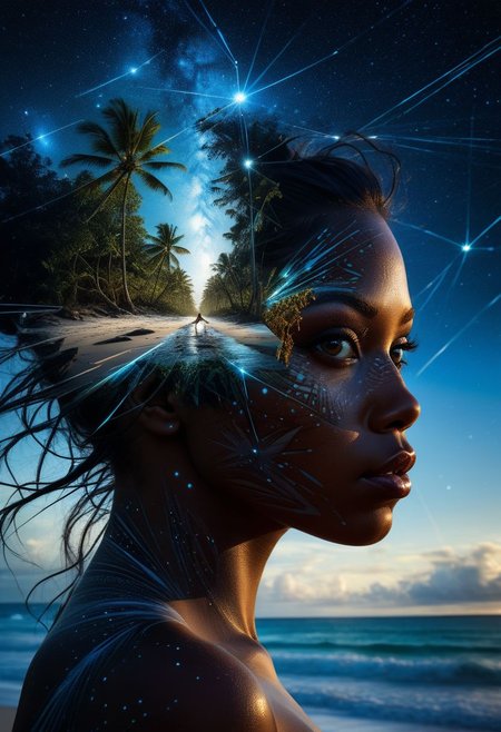 mysterious silhouette of an exotic girl, caribbean setting, meteor shower, goddess, alluring, by Minjae Lee, Carne Griffiths, Emily Kell, Steve McCurry, Geoffroy Thoorens, Aaron Horkey, Jordan Grimmer, Greg Rutkowski, amazing depth, double exposure, surreal, geometric patterns, intricately detailed, bokeh,  perfect balanced, deep fine borders, artistic photorealism , smooth,  great masterwork by Suiras  <lora:add-detail-xl:2>  <lora:Double_Exposure:0.5>