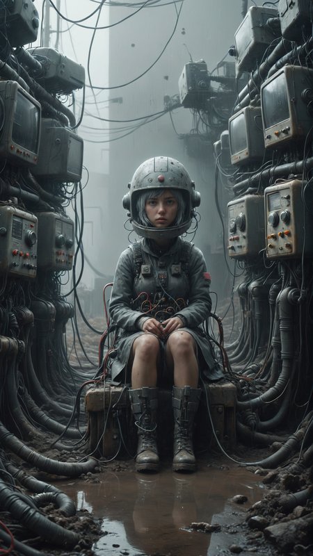 <lora:Simon Stalenhag:1>,(style of Simon Stalenhag),(Cinematic Lighting:1),(moody lighting:0.4),dim the lights,in a crowded and disorganized room,pipes,bunch of wires,medium_shot,(solo_focus),1girl wearing a head made of electronics helmet with a bunch of wires on it,<lora:Mnemonic_Style_e4:1>,windtech,<lora:Dystopia:0.4>,sitting_on_a_old_machine with a bunch of wires,((solo)),lonely,silver hair,dirty_clothes,long_coat,armored_boots,foggy,smoke on the water,<lora:fflix-sotw:0.5>,rubble_ruins,water accumulation on the bumpy road surface,ais-buriedz,<lora:Buried_Style_SDXL:0.4>,reflection,<lora:dare_unsettling_water:0.5>,fodder field,grey atmosphere,atmospheric haze,dirty of mud,dust everywhere,lots of details,<lora:great_lighting:0.6>,sci-fi,hyper realistic octane render,(Extremely high-resolution details, photographic, realism pushed to extreme, fine texture,incredibly absurdres,absurdres,masterpiece,Extremely high-resolution details,realism pushed to extreme,fine texture),<lora:more_details:0.5>,