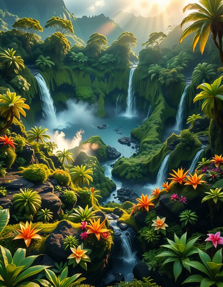 A breathtaking view of an ancient, dormant volcano now transformed into a lush, vibrant natural sanctuary. The crater is filled with dense tropical forests, colorful exotic flowers, cascading waterfalls, and mist swirling gently in the morning light. Vines and moss cover the dark volcanic rocks, and small streams wind down the slopes. while rays of sunlight pierce through the dense canopy, creating sparkling reflections on the water. The atmosphere feels peaceful, enchanted, and untouched by humans. The scene is depicted in an ultra-detailed, hyper-realistic style, with warm, soft lighting and rich, saturated colors that enhance the magical and serene mood of the landscape.
<lora:SDXLFaeTastic2400:0.4> <lora:extremely_detailed:0.4> extremely detailed, <lora:dormant_v0lc4n0:1>,dormant v0lc4n0, Masterpiece,best quality,hi res,8k,hi res,8k,award winning,(sharp focus, intricate, highly detailed),