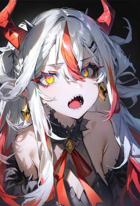 masterpiece, best quality,<lora:QUASARCAKE_XL_ANI31_lokr_V42310:0.95> 1girl, solo, open mouth, horns, sharp teeth, teeth, earrings, jewelry, looking at viewer, long hair, multicolored eyes, multicolored hair, hair between eyes, black background, bare shoulders, hair ornament, portrait, yellow eyes, red ribbon, red hair, fangs, white hair, blonde hair, hairclip, ribbon, streaked hair