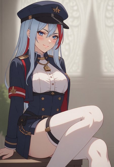 score_8_up, score_7_up, masterpiece, realistic, real style, real, high quality, shaders, perfect lighting, perfect shadows, perfect quality, high details, 4k, highres, high definition,1girl, solo, a field full of red poppies, VladilenaMilize, light blue hair with a red streak, lock of red hair, long hair, thighs garters, white pantyhose, blue cap, blue uniform, white shirt, beautiful face, cute face, perfect body, perfect anatomy, perfect hands, neckline, beautiful legs, beautiful background, orgasm face, perfect anatomy, side view, darkness background, house background, very low 3d style, realistic style, real, source real, view from side, smile, beautiful face, pretty face, hands behind the head, sitting on floor, detailed, detailed background, house interior background, big thighs, a bed and room decorations on background, high contrast