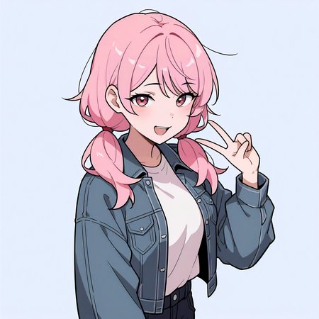<lora:style_nyanmix_styleXLIllustrious001>,
masterpiece,best quality,good quality,newest,
simple background,nyanmix_style,
looking at viewer,
1girl,
smile,open mouth,
pink hair,twintails,denim_jacket,