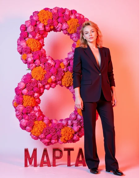 A vibrant, bold portrait of a well dressed woman ,, <lora:curly:1>, , She standing beside an eye-catching floral number "8", bursting with hot pink peonies, rich magenta tulips, and fiery orange marigolds. Below, the inscription MAPTA appears in vivid metallic red uppercase font, seamlessly integrated yet clear. The lighting is dynamic and high-contrast, creating a sense of energy, passion, and festive spirit. The background blends deep fuchsia and coral, making the composition feel alive and celebratory., White background,  Style: Vibrant fashion photography, strong color contrasts, cinematic glow..