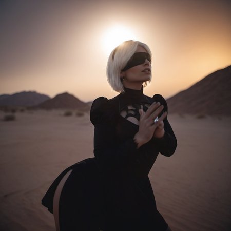 cinematic photo a woman in a black outfit dress, silence sign (((desert background, dust, neon lights)))  <lora:2B_Nier_Automata_1024:0.7> . 35mm photograph, film, bokeh, professional, 4k, highly detailed