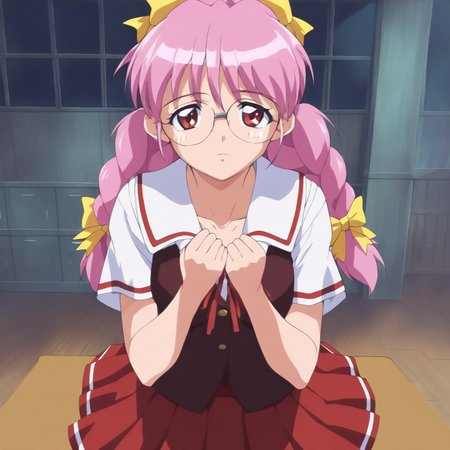 masterpiece,1girl,solo,looking at viewer,upper_body,<lora:Rika_Respect ag4o v1:1> rika_respect, glasses, pink hair, twin braids, hair bow, red eyes,school uniform,red skirt,