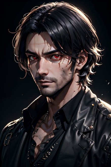 Master piece, highest quality, highest possible OverallDetail, Semirealism, red eyes,
Create an elder of a demonic sect.
The character looks like he is in his late twenties or early thirties. He is handsome.
He has black shoulder-length shaggy hair. 
His eyes are dark red. Detailed face.