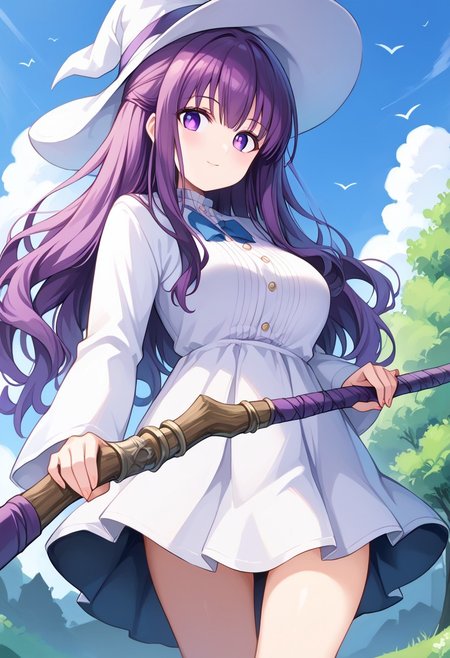 score_9, score_8_up, score_7_up, score_6_up, score_5_up, score_4_up, epic-Ultra-HD-details, epic-Ultra-HD-highlights, 2.5D-upscaled-resolution, source_anime, digital-quality, semi-realism, physically-realistic, lit, cutesie,
afrobullstyle, 
BREAK source_anime, anime, best quality, masterpiece, rating_safe, uncensored, High quality, 8k, Ultra, 
BREAK (outdoors,Forest, trees, rocks, mountains, blue sky, sun, cumulonimbus clouds),
BREAK  1girl, Fern_(Sousou_no_Frieren),purple eyes, purple pupils, purple hair, long hair, wavy hair,
reij-pnkwtch, short skirt, hat,Holding long stick,
BREAK ((cowboy shot)),(leaning forward),(from below),(((from front))),
busty breasts,（large breasts:1.2), (thick thighs,:1,2),
looking at viewer,smile,blush,((erect nipples)),