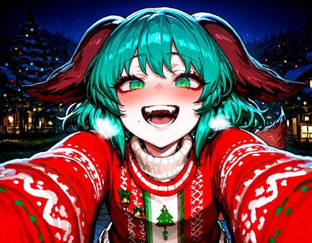 1 girl,   kasodani_kyouko,animal_ears ,blush ,dog_ears ,dog_tail ,green_eyes, green_hair,  ,smile , open mouth , solo, tail , pov,
christmas_sweater,  dark, night, outdoors, 
,Fishine, munakata_(sekimizu_kazuki),dekosukentr,kizuki_aruchu ï¼ireadingï¼kubo_tite_(style) ,
ï¼masterpiece, best quality, newest, absurdres, highres,
<lora:illustrious_noobai_epsilon_pred_1_best_quality_v1:0.4> ,<lora:illustrious_noobai_epsilon_pred_1_masterpieces_v1:0.4>, <lora:illustrious_noobai_epsilon_pred_11_very_aesthetic_v1:0.4>, <lora:ponyv5_noobV065S_1_adamW:0.6>, <lora:add-detail-xl:0.4>, <lora:GEN(illust) 0.2v:0.6>, <lora:USNR STYLE_XL_loha:0.6>, <lora:cfg_scale_boost:0.4>, <lora:christmas_sweater:0.8>