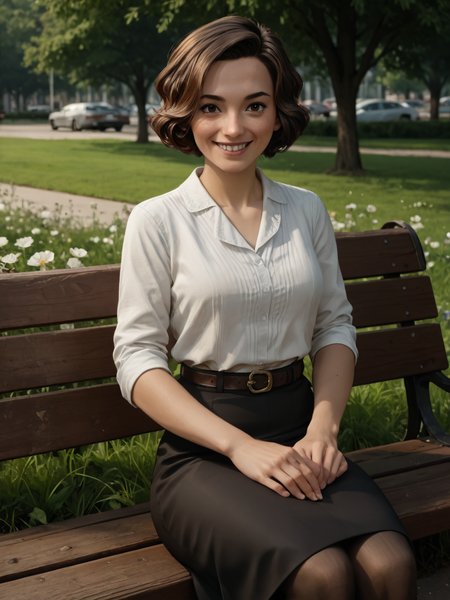 score_9, score_8_up, score_7_up,  score_6_up, BREAK, S4rahAngel0, 1girl, solo, short hair, brown hair, brown eyes, white shirt, pantyhose, belt, black skirt, pencil skirt, long skirt, in the park, sitting on a bench, smile, grass, flowers  <lora:Sarah_Angelo:1>