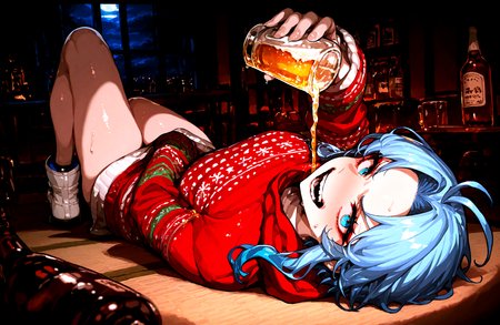 1 girl,  kumoi_ichirin , blue_eyes ,blue_hair,  hood, long_sleeves, looking_at_viewer ,medium_hair ,parted_bangs ,sidelocks , solo, v-shaped_eyebrows , white_footwear, alcohol , beer , bottle, cup, drink, drinking_glass , holding ,holding_cup , laughing,solo,on back, wet body, pouring ,wet_clothes ,
christmas_sweater,  dark, night, indoors,
,Fishine, munakata_(sekimizu_kazuki),dekosukentr,kizuki_aruchu ï¼ireadingï¼kubo_tite_(style) ,
ï¼masterpiece, best quality, newest, absurdres, highres,
<lora:illustrious_noobai_epsilon_pred_1_best_quality_v1:0.4> ,<lora:illustrious_noobai_epsilon_pred_1_masterpieces_v1:0.4>, <lora:illustrious_noobai_epsilon_pred_11_very_aesthetic_v1:0.4>, <lora:ponyv5_noobV065S_1_adamW:0.6>, <lora:add-detail-xl:0.4>, <lora:GEN(illust) 0.2v:0.6>, <lora:USNR STYLE_XL_loha:0.6>, <lora:cfg_scale_boost:0.4>, <lora:christmas_sweater:0.8>