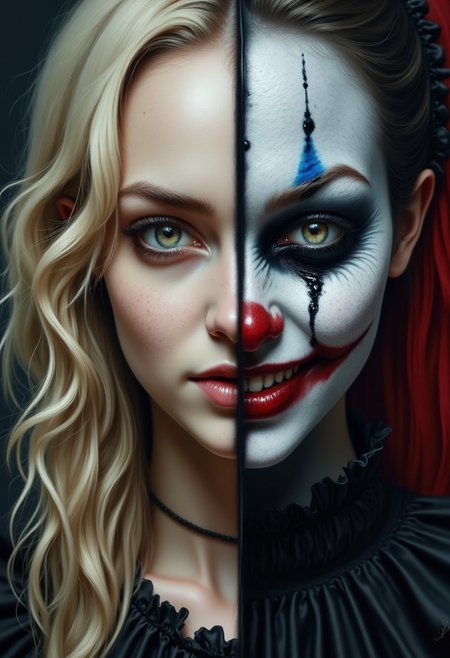 This is a highly detailed, realistic digital painting depicting a beautiful goth woman, half human, sinister clown. her left side is beautiful and graceful, she has blond hair and green eyes, everything looks human on her left side with a touch of gohtic makeup.
on the right side, her clown sinister face shows, with black tears und strichen über den augen. das ganze bild wirk fast farblos.
her sinister clown side smiles maniacally, while your human side radiates a charming smile