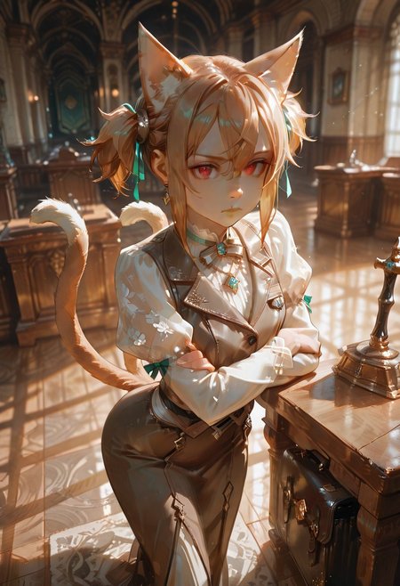 masterpiece, ultra-HD, cinematic lighting, photorealistic, impressionism (1.5), high detail, depth of field, (blurred background), (dramatic lighting),masterpiece, best quality, very aesthetic,8k,masterpiece, best quality,realistic, masterpiece, best quality, 8k, 
, simple_background, , 
, half close-up,
pina \(sao\), sword art online, pina, sword art online, cat ears, cat tail, two tails, red eyes, brown hair, short twintails, twintails, hair between eyes, short hair, long hair, slender waist, lace blouse, high collar, fitted sleeves, long dress, knee-length, flowing skirt, satin fabric, bow tie, vest, briefcase, leather straps, silver buckle, simple necklace, minimalist earrings, elegant accessories, standing, hand-on-hip, crossed-arms, leaning-forward, veins-pulsing, courtroom, floor-level-shot, soft spotlight, warm beige tones, wooden paneling, rows of empty chairs, judge's bench, gavel on desk, faint misty atmosphere, solemn silence