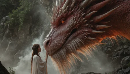 cinematic scene, closeup, a colossal red dragon with long beard with scales and horns gently touching its face to the face of a young woman with long hair wearing a white dress, misty and ethereal environment filled with rocks and sparse vegetation, creates a sense of connection and understanding between the two a young woman and dragon in this otherworldly environment, portrays mythical creatures and fantasy themes, bravery and curiosity, gentle interaction, insane details, realistic