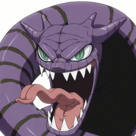 score_9, score_8_up, score_7_up,  source_cartoon, cel shading, fca style, Naruto_Manda, snake, slit pupils, green eyes, purple body, body markings, black eye markings, 2 pair of horns, black belly scales,
one_piece_funny_face, eye pop, snot, sharp teeth, eyes vein lines, open mouth, tongue out, long tongue