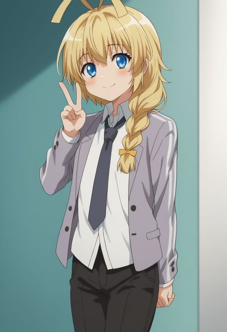 score_9, score_8_up, source_anime, highly detailed, 1boy, solo, male_focus, cute,
hasuta, 1boy, braid, male focus, blonde hair, blush, blue eyes, antenna hair, otoko no ko, smile, solo, single braid, long hair, necktie, white shirt, school uniform, black pants, v sign,
indoor,
