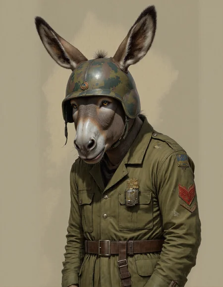 Rembrandt style <lora:funnys:1>, This is an ultra-realistic, highly detailed portrait of a donkey rendered with meticulous attention to texture, lighting, and character. The donkey stands against a muted gradient background that transitions from dusty beige at the bottom to a pale olive green near the top, evoking the rugged tones of a battlefield or desert landscape. Every detail of this eccentric yet oddly endearing subject has been crafted with care.
The donkey's body is sturdy and muscular beneath its coarse coat of fur, which varies in color from light gray-brown to darker patches around its back and legs. Each strand of fur is individually visible under the soft, diffused lighting, creating a natural, textured appearance. The fur on its ears is shorter and finer, catching highlights that emphasize their mobility, while thicker tufts frame its neck and chin, giving it a scruffy, unkempt look. Scattered across its hide are faint scars and scratches, hinting at a life of hard workâor perhaps just clumsiness.
Its face steals the show, dominated by an unmistakably "idiotic" expression that combines wide-eyed bewilderment with a slack-jawed grin. Its large, soulful eyes are slightly crossed, giving it an air of bemusement, while tiny wrinkles radiate outward from the corners of its mouth, amplifying its hapless charm. Its nostrils flare comically wide, as if perpetually startled, and its long, droopy ears stick out awkwardly to either side, twitching ever so slightly. A few stray wisps of fur protrude untidily from its snout, adding to its disheveled appearance.
The donkey wears a military uniform , complete with all the trappings of a soldierâbut somehow, it only enhances its absurdity. The olive-green jacket is too big for its lanky frame, bunching up around its shoulders and hanging loosely over its chest. Patches and medals are haphazardly pinned to the fabric, some upside-down or overlapping others, suggesting they were applied without much thought. Faded shoulder epaulets dangle precariously, and one sleeve is rolled up unevenly, revealing a patch of bare skin underneath. Around its waist sits a utility belt loaded with mismatched gear: empty holsters, tangled straps, and what appears to be a canteen leaking water onto its side.
Perched atop its head is a dented military helmet , tilted at a comical angle that threatens to slide right off. The helmet bears a faded camouflage pattern and a small dent near the front, as though it had survivedâor barely escapedâa direct impact. A strap hangs loose under its chin, swaying gently as if caught mid-motion. Beneath the helmet, its oversized ears poke through, refusing to be contained.
Lighting plays a crucial role in this piece, with soft, even illumination casting gentle shadows that accentuate the donkey's three-dimensional form. Subtle highlights run along the ridges of its hooves, the curve of its helmet, and the raised fibers of its fur, while deeper shadows pool within the folds of its oversized uniform and the creases of its skin. This interplay of light and shadow creates a masterfully realistic rendering, drawing the viewerâs eye to the intricate textures and imperfections that define the donkey's character.
Every element of this portraitâfrom the carefully crafted texture of the donkey's fur to the slapdash details of its ill-fitting military attire and the hilariously vacant expression on its faceâhas been meticulously designed using advanced CGI techniques combined with photorealistic textures. The result is an unparalleled level of realism that blurs the line between digital art and photography, inviting viewers to linger over the smallest details and marvel at the sheer ridiculousness of this lovable, bumbling creature. . Baroque, chiaroscuro, realistic, emotional, "flat lighting