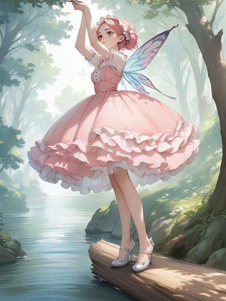 score_9, score_8_up, score_7_up, score_6_up, score_5_up, score_4_up, 
1girl wearing a bell skirt <lora:bell_skirt-PD-1.0:1>,
(watercolor pencil \(medium\)), fairy wings, petticoat, layered dress, from below, pink dress, dutch angle, tree, see-through silhouette, sparkle, log bridge, river stones, strappy heels,